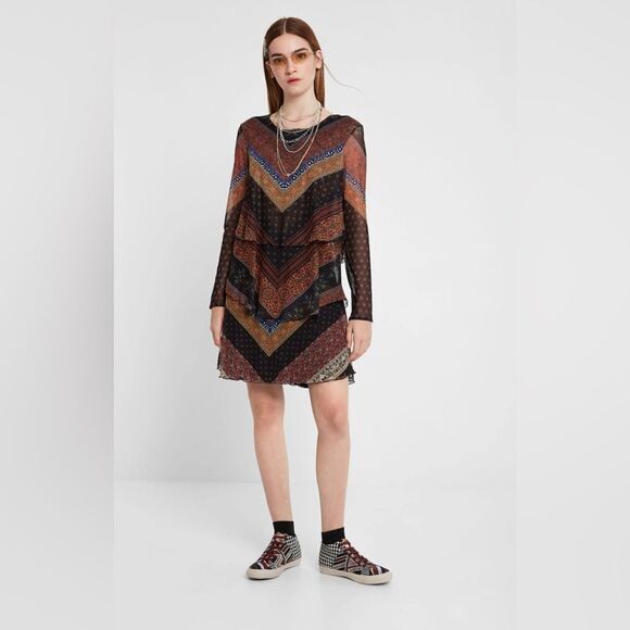 Desigual bohemian mini dress with sheer ruffles  XL - Picture 1 of 11